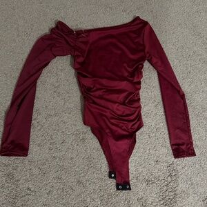 Burgundy Satin Off-Shoulder Bodysuit – Small